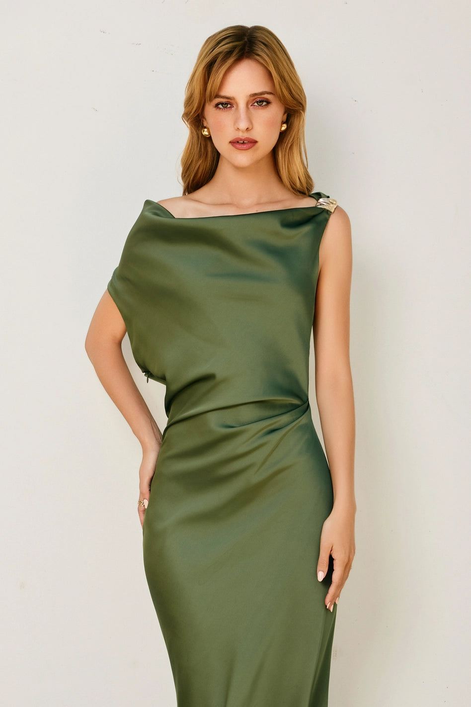 Cora Green Satin Off-Shoulder Ruched Midi Dress