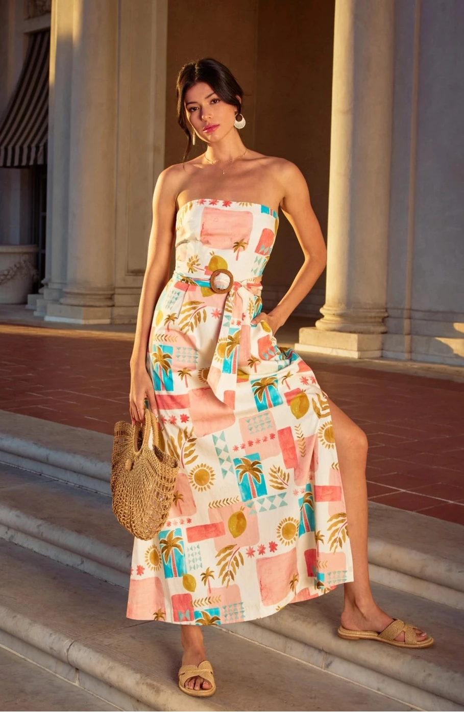 Moroccan Strapless Cotton Poplin Maxi Dress with Rattan Belt