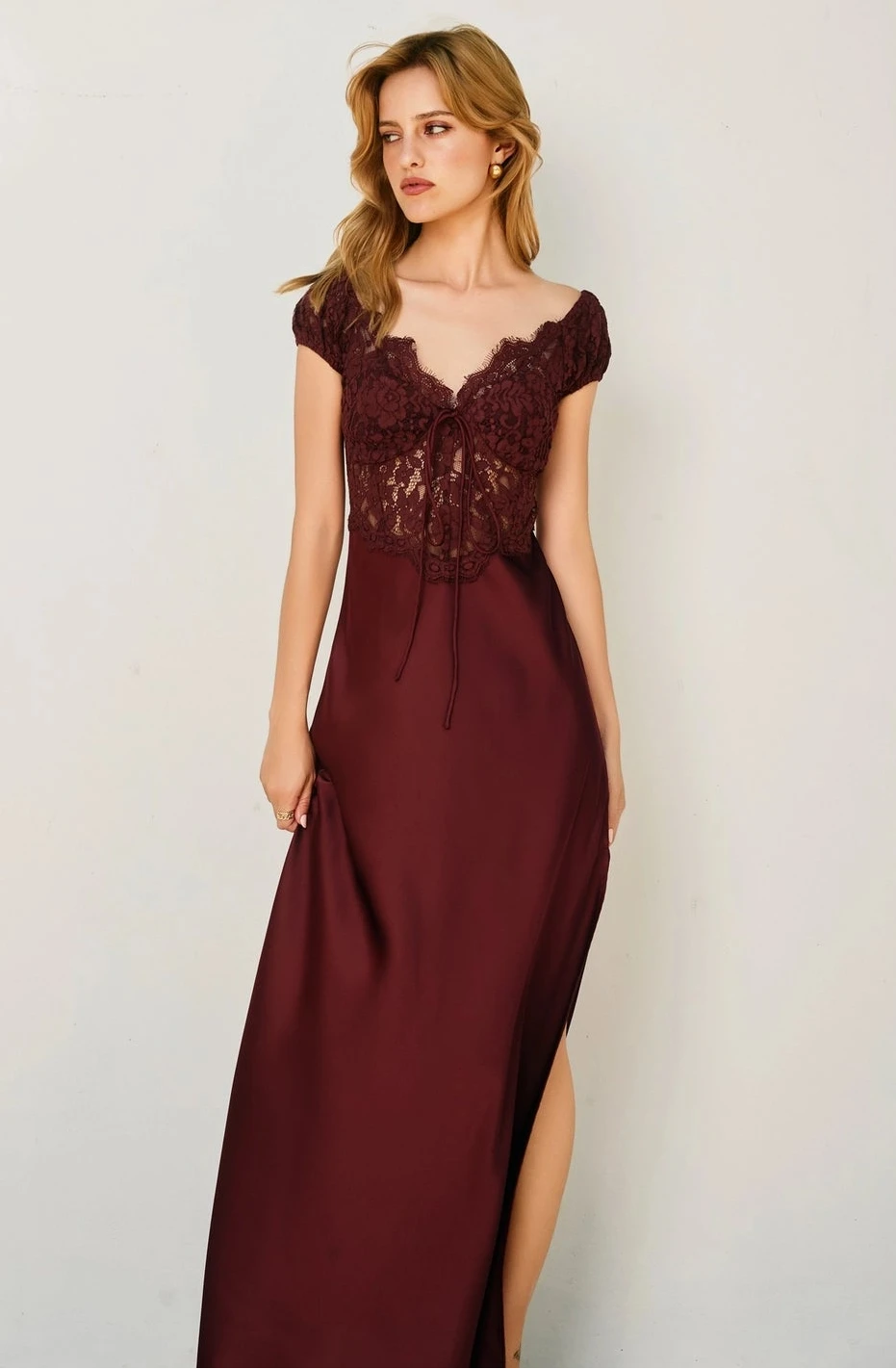 Angela Burgundy Lace Maxi Dress
