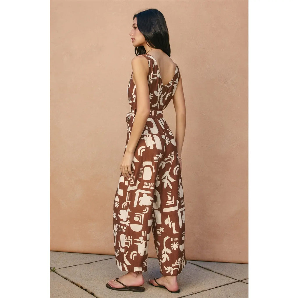 Printed Button-Down Sash Belt Jumpsuit