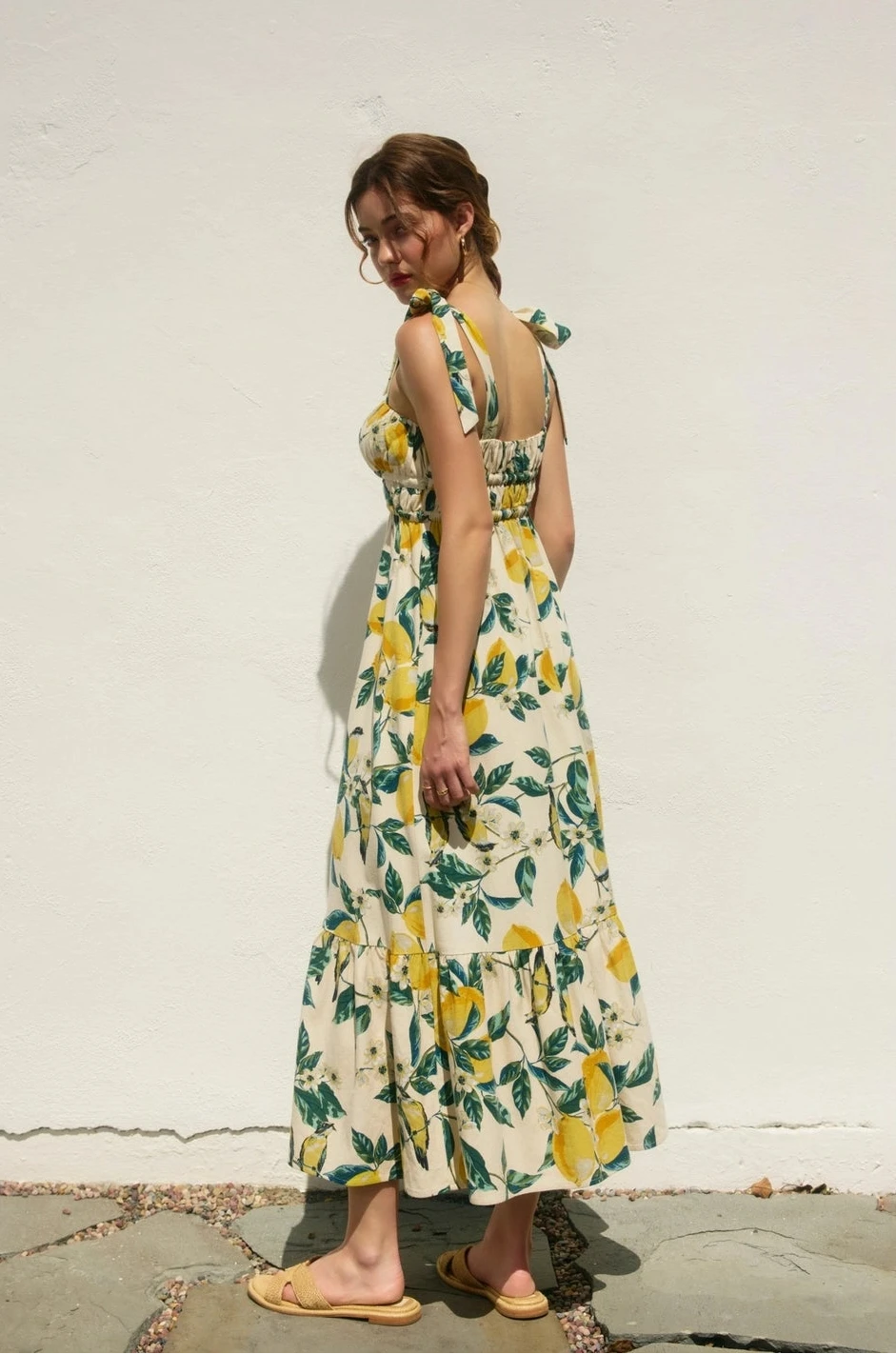 Robe maxi côtelée à imprimé citron et nœud