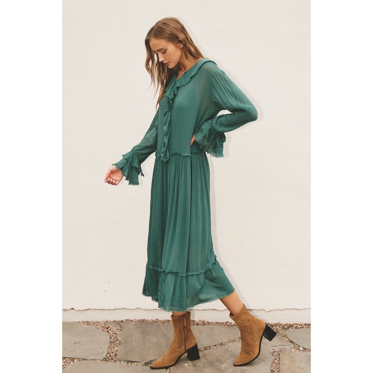 Robe longue verte décontractée à volants