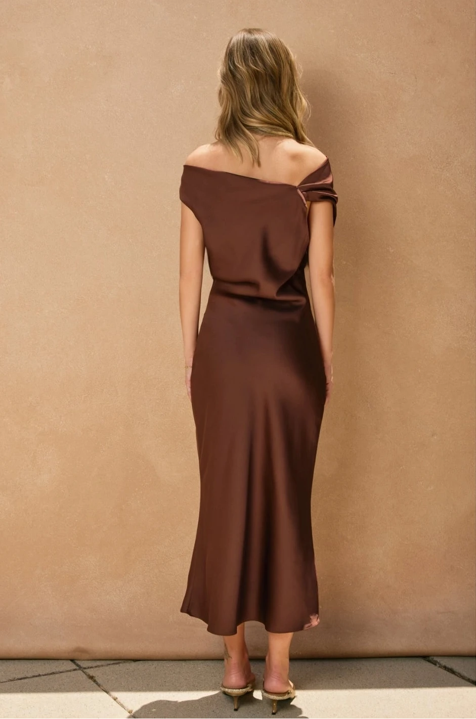 Cora Satin Brown Off-Shoulder Ruched Midi Dress