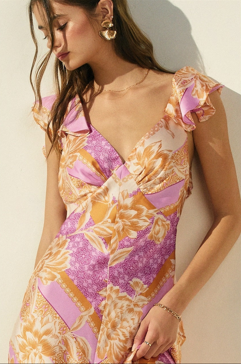 Paisley Open-Back Satin Maxi Dress