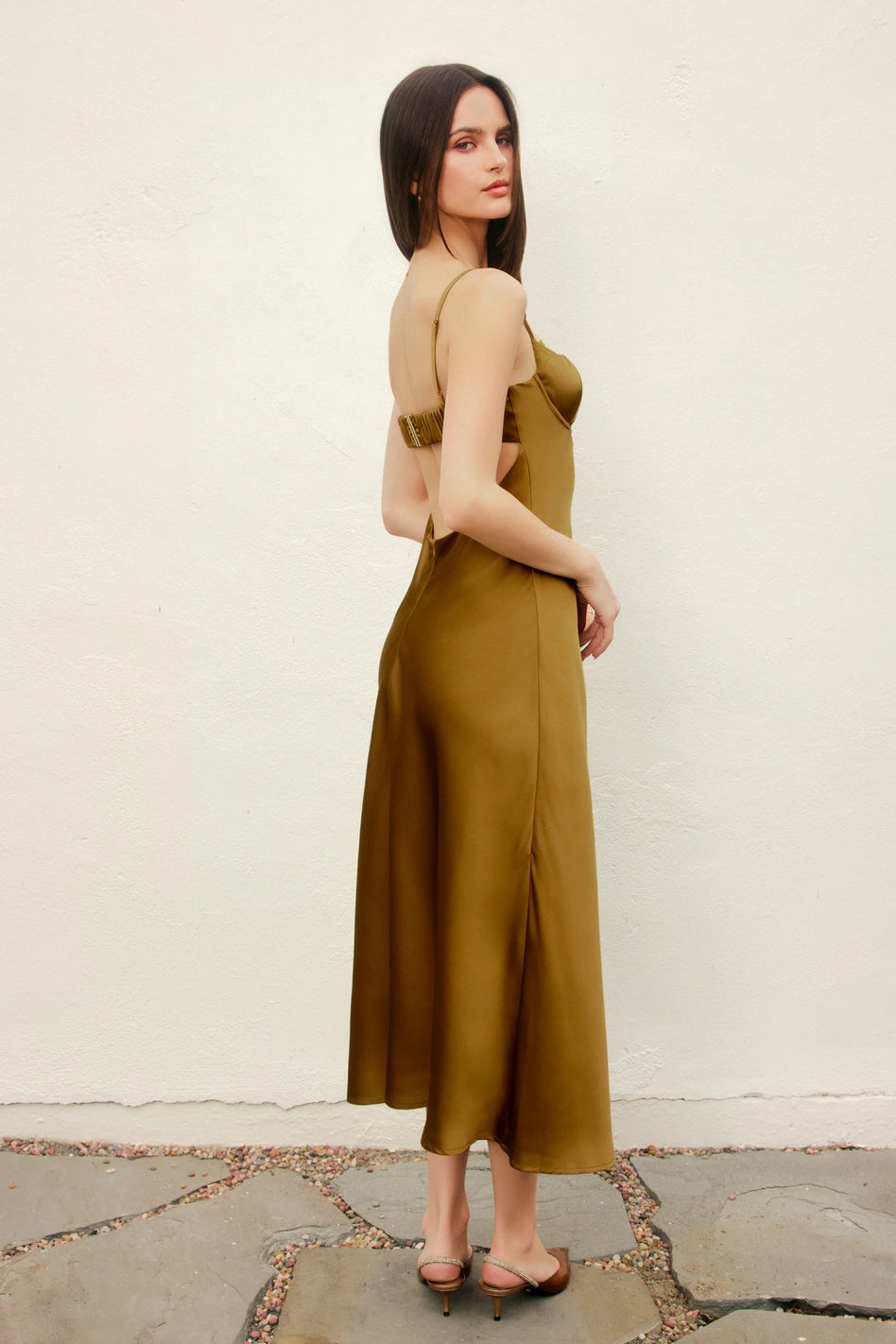 Alice Olive Satin Lace Trim Slip Midi Dress