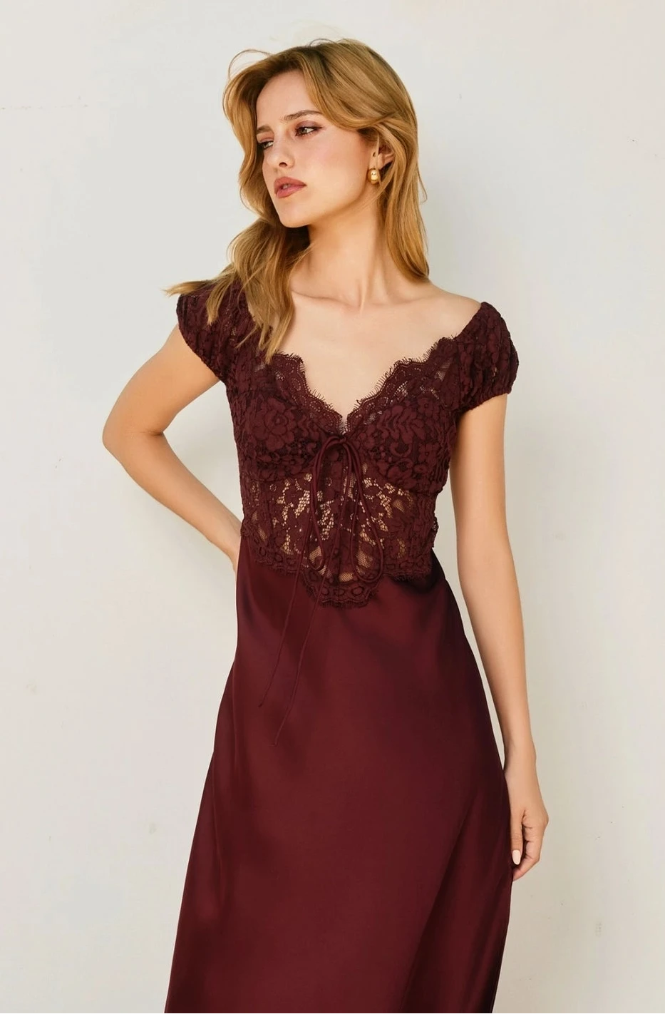 Angela Burgundy Lace Maxi Dress