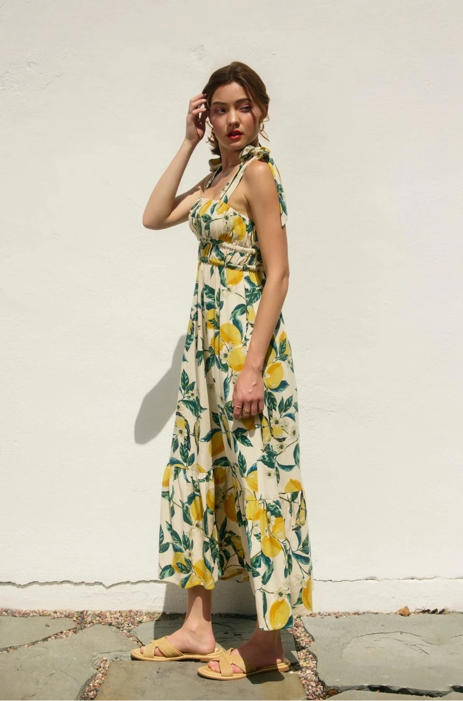 Robe maxi côtelée à imprimé citron et nœud
