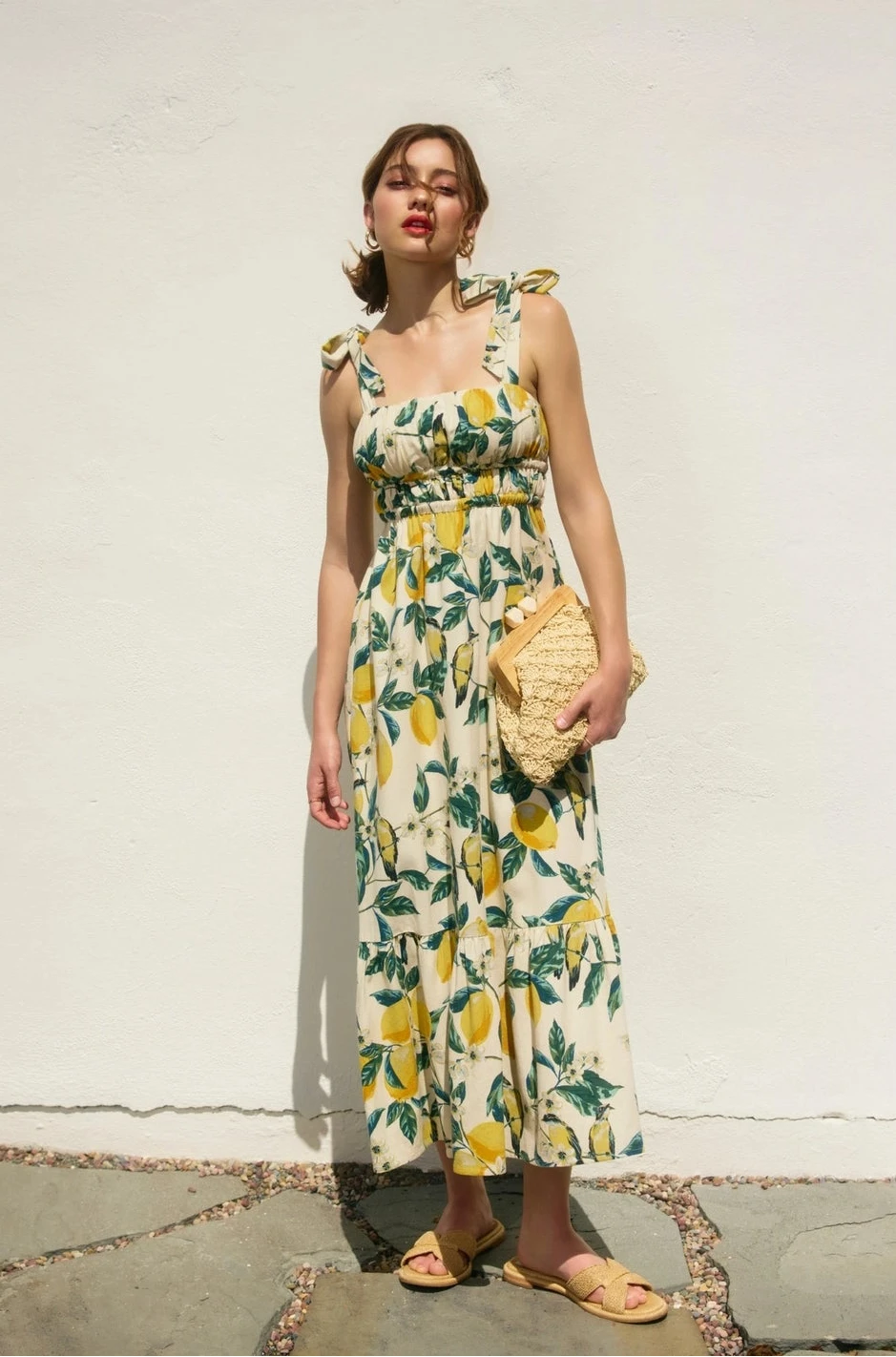 Robe maxi côtelée à imprimé citron et nœud