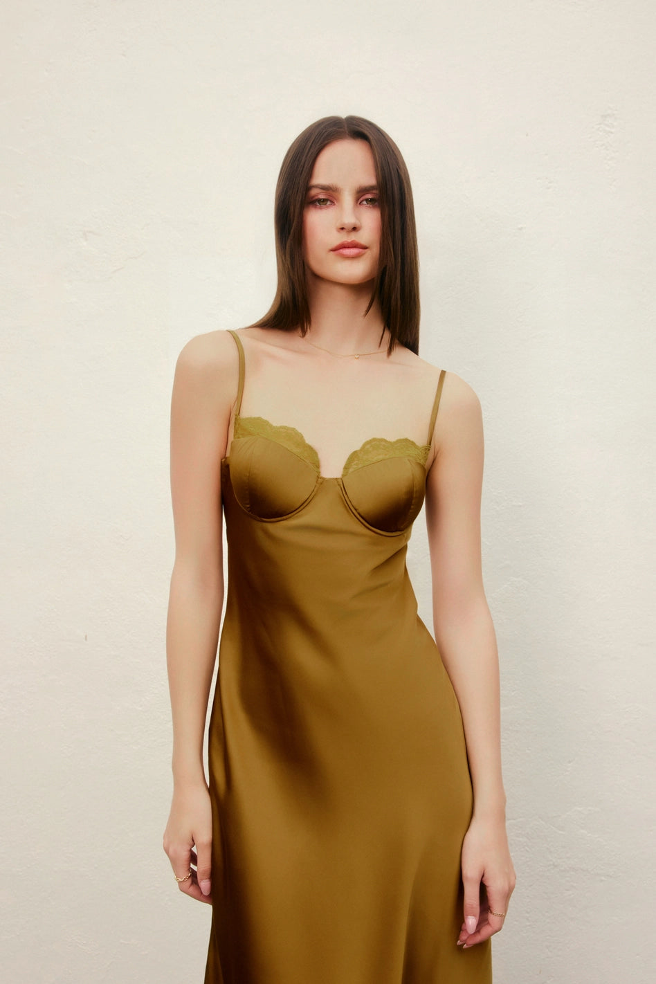 Alice Olive Satin Lace Trim Slip Midi Dress