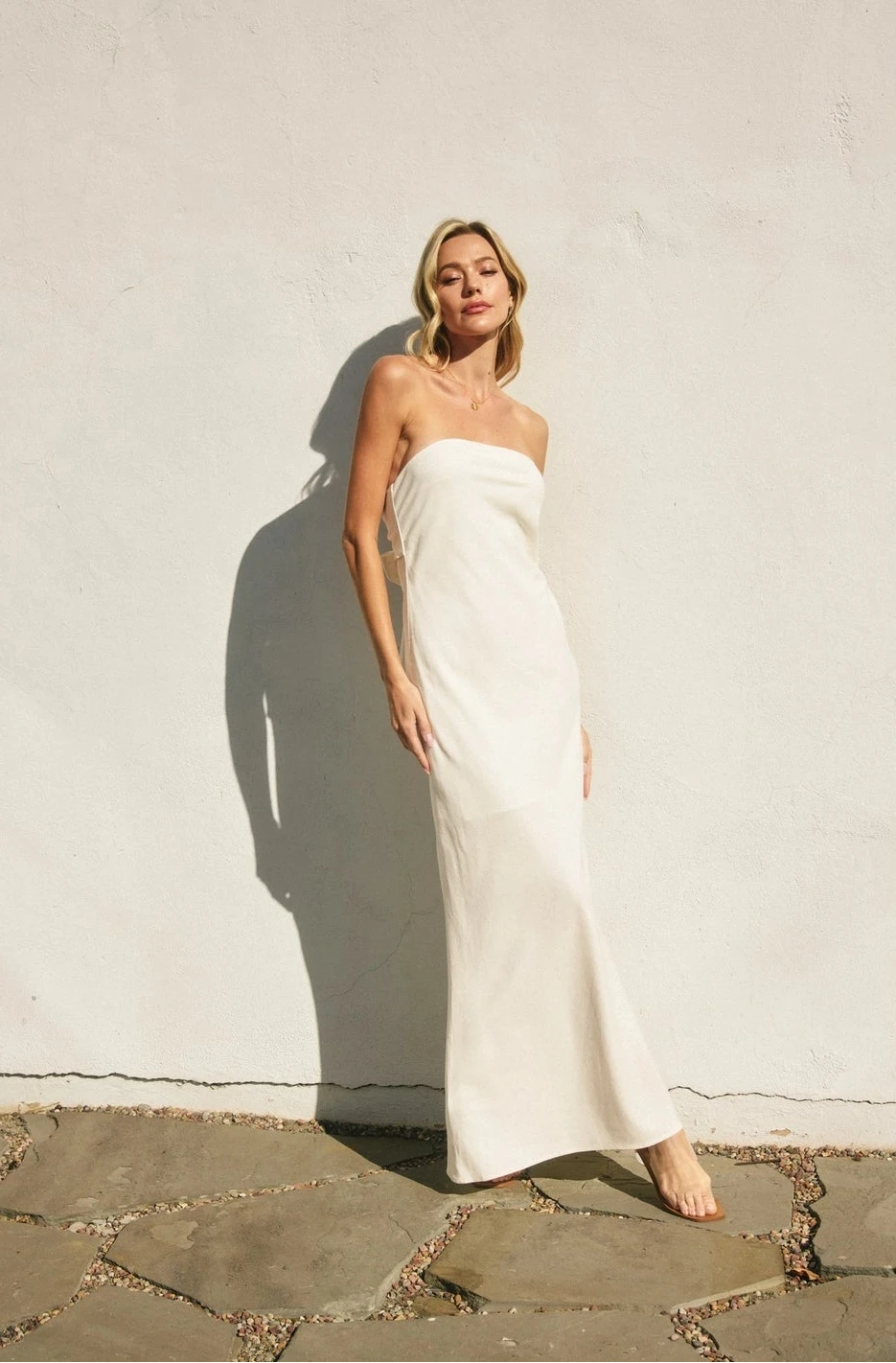 White Strapless Cotton-Linen Maxi Dress