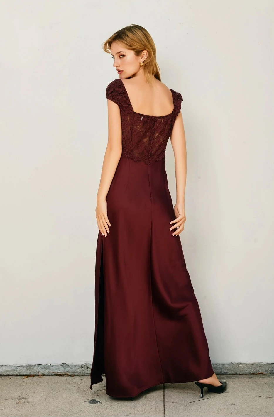 Angela Burgundy Lace Maxi Dress