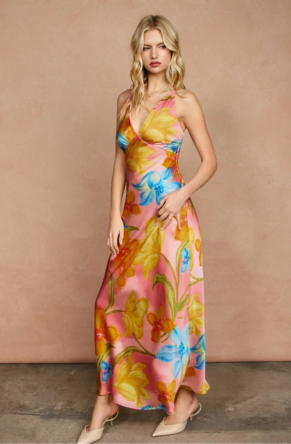 Open Back Floral Satin Maxi Dress
