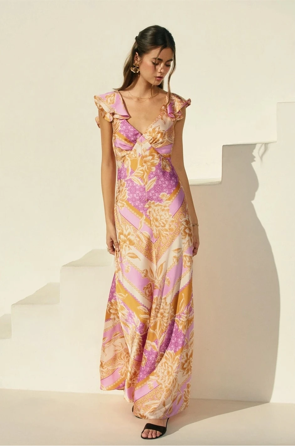 Paisley Open-Back Satin Maxi Dress