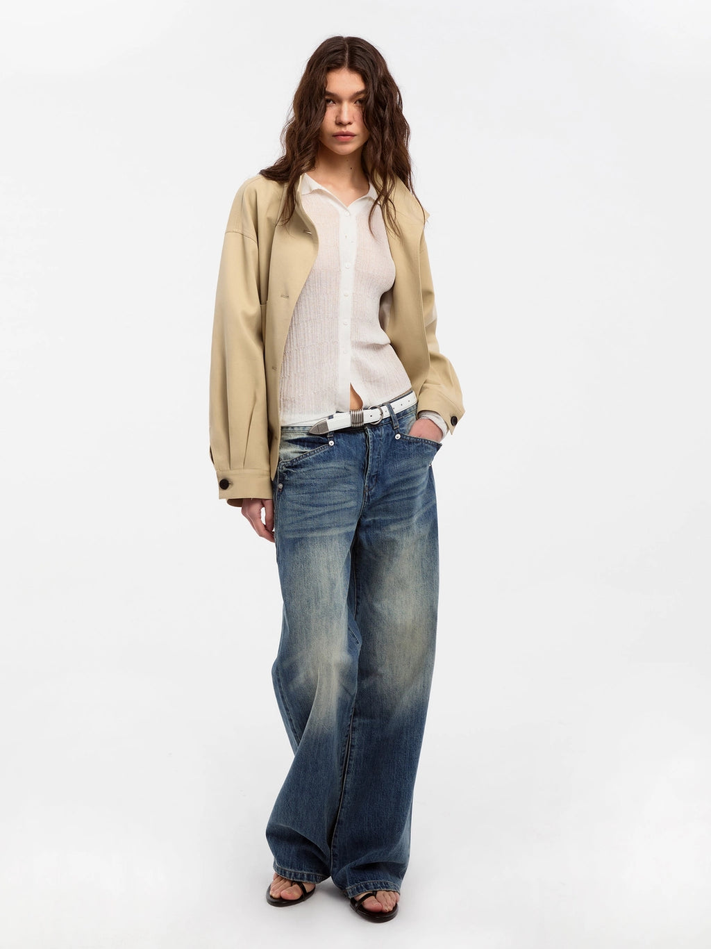 Trench-coat court kaki à ourlet cordon de serrage