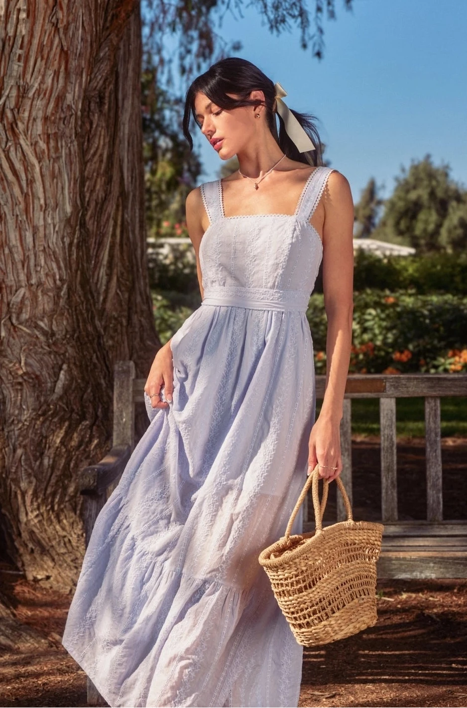Blue Sunbeam Eyelet Lace Trim Maxi Dress