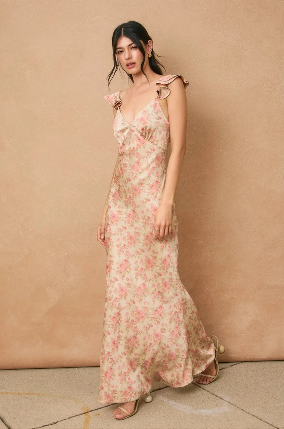 Wild Flower Floral Jacquard Satin Flutter Maxi Dress