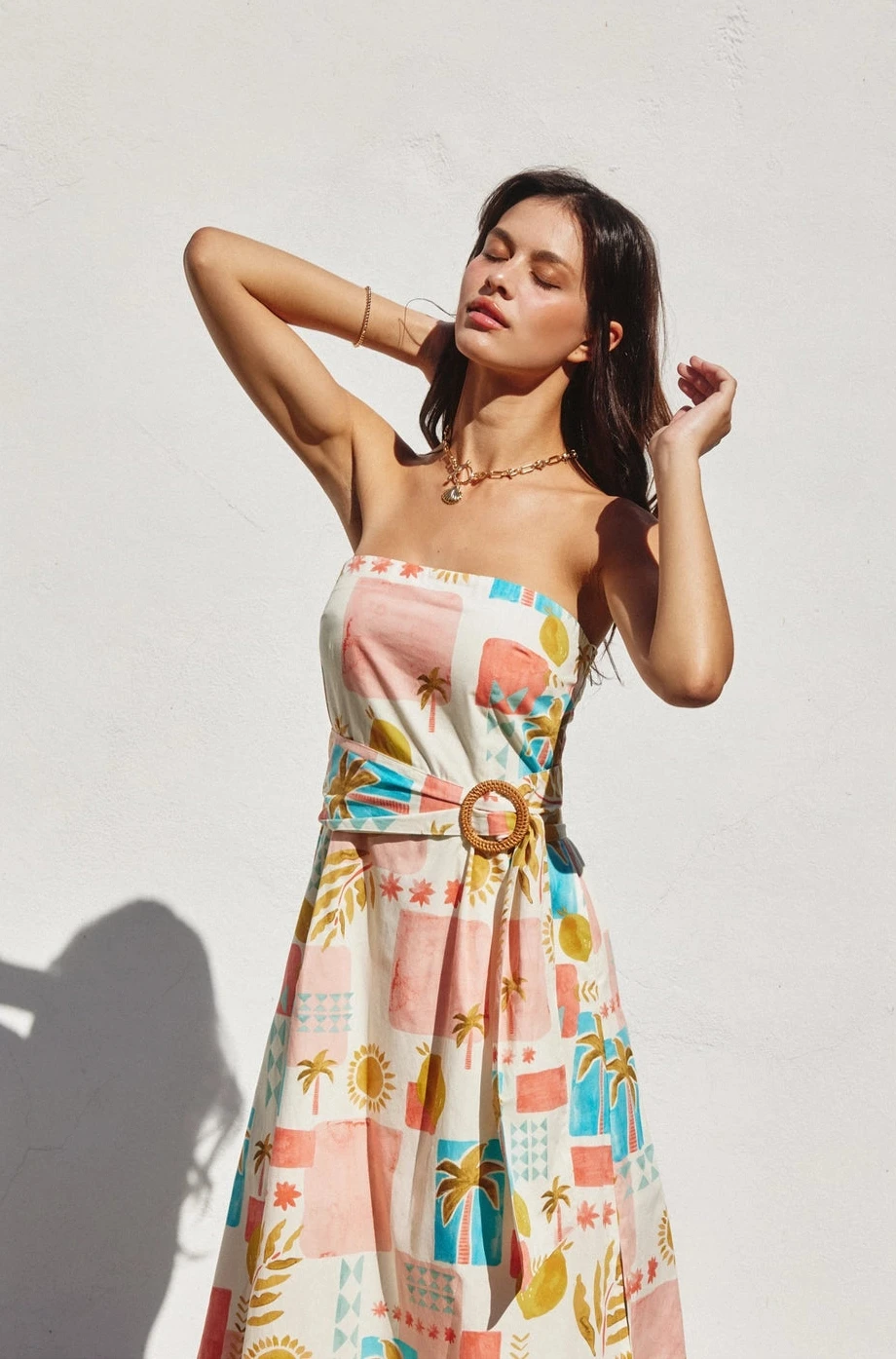 Moroccan Strapless Cotton Poplin Maxi Dress with Rattan Belt