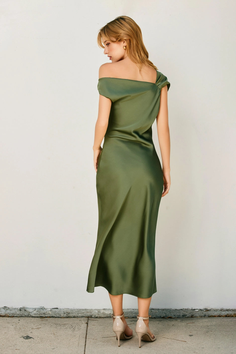 Cora Green Satin Off-Shoulder Ruched Midi Dress