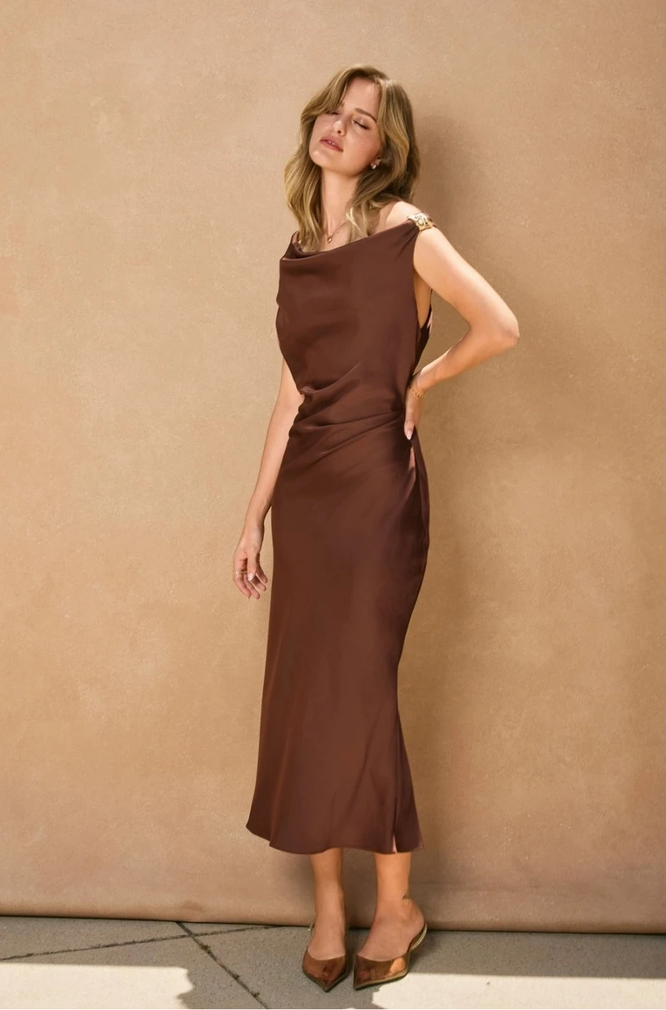 Cora Satin Brown Off-Shoulder Ruched Midi Dress