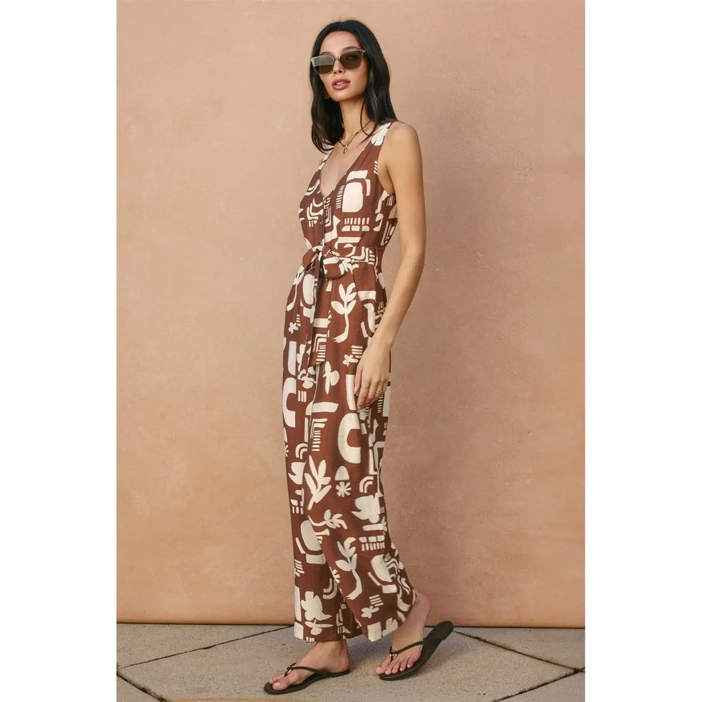Printed Button-Down Sash Belt Jumpsuit