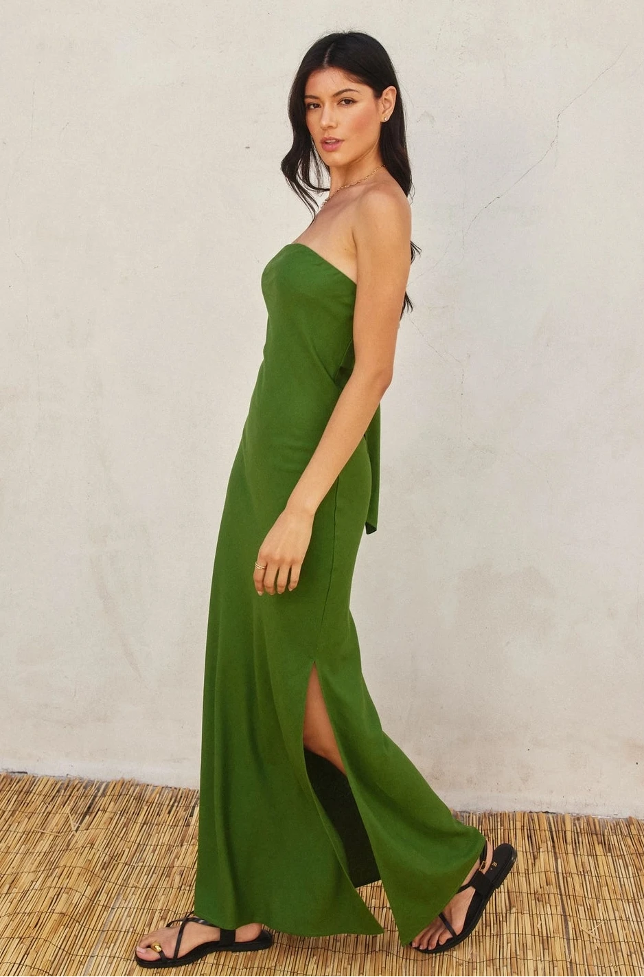 Green Strapless Cotton-Linen Maxi Dress