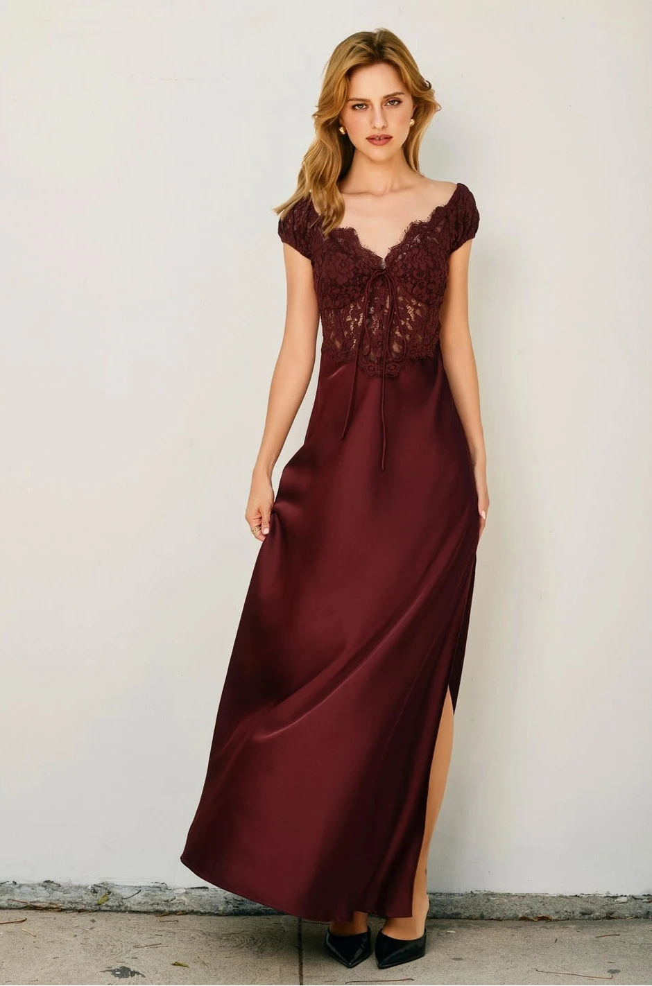 Angela Burgundy Lace Maxi Dress