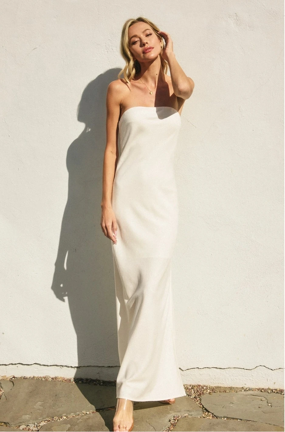 White Strapless Cotton-Linen Maxi Dress