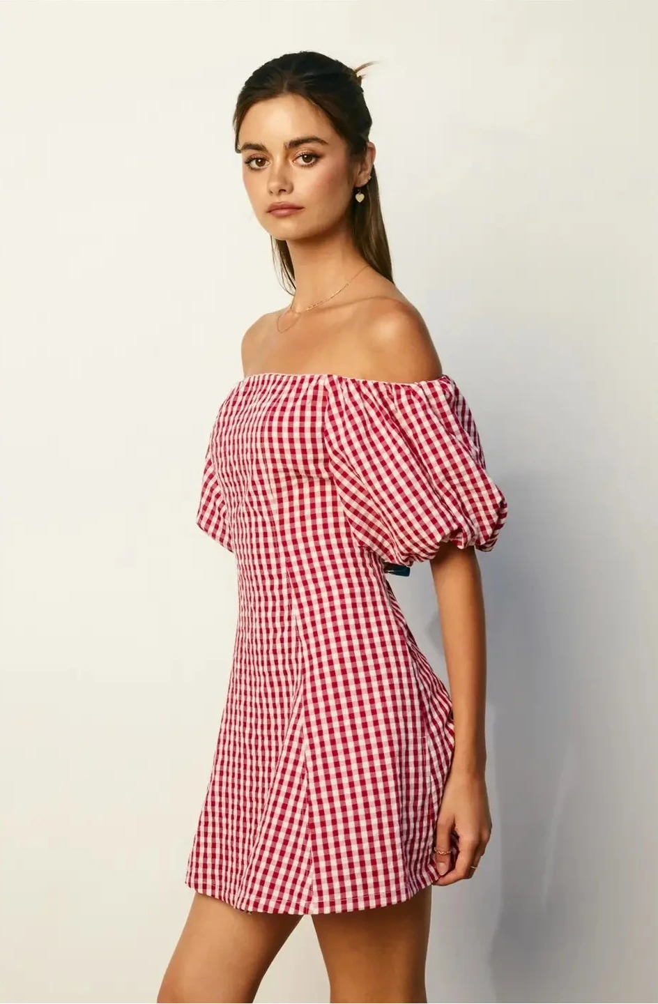 Red Gingham Off-Shoulder Puff Sleeve Mini Dress