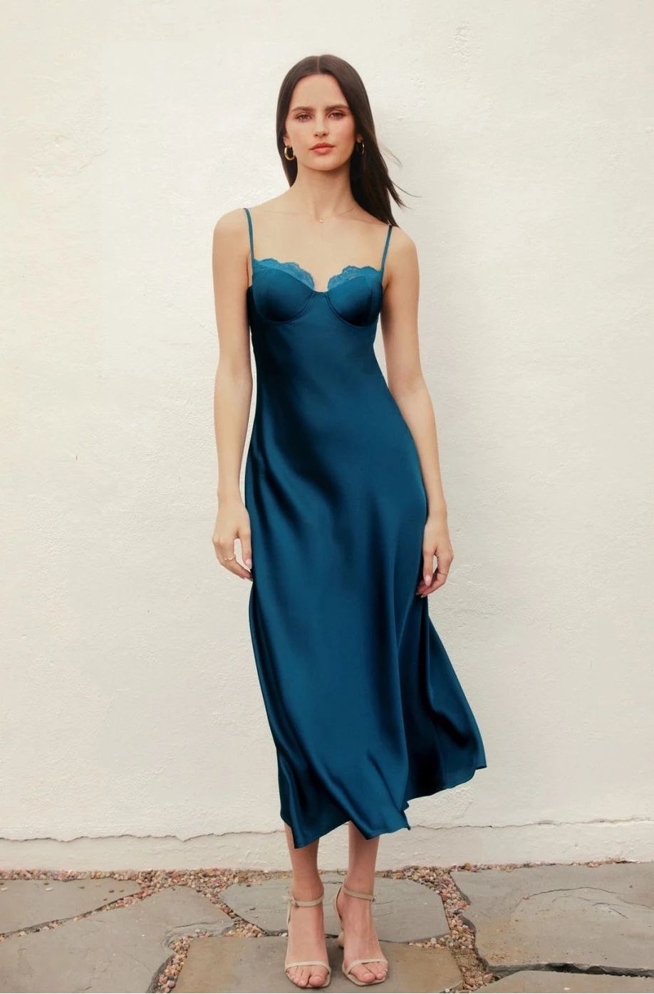 Alice Blue Satin Lace Trim Slip Midi Dress