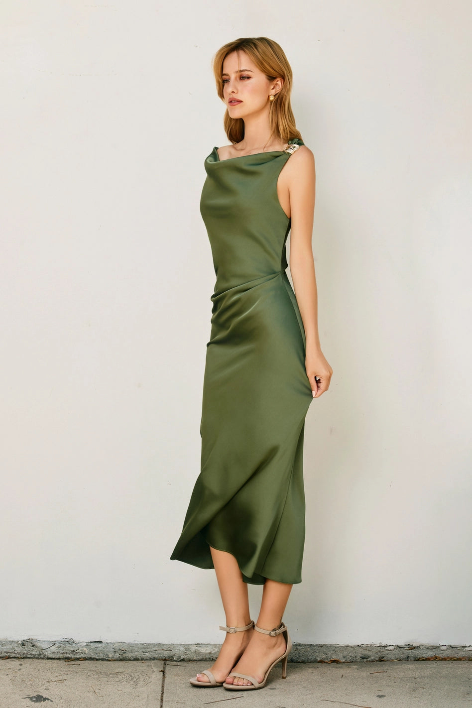 Cora Green Satin Off-Shoulder Ruched Midi Dress