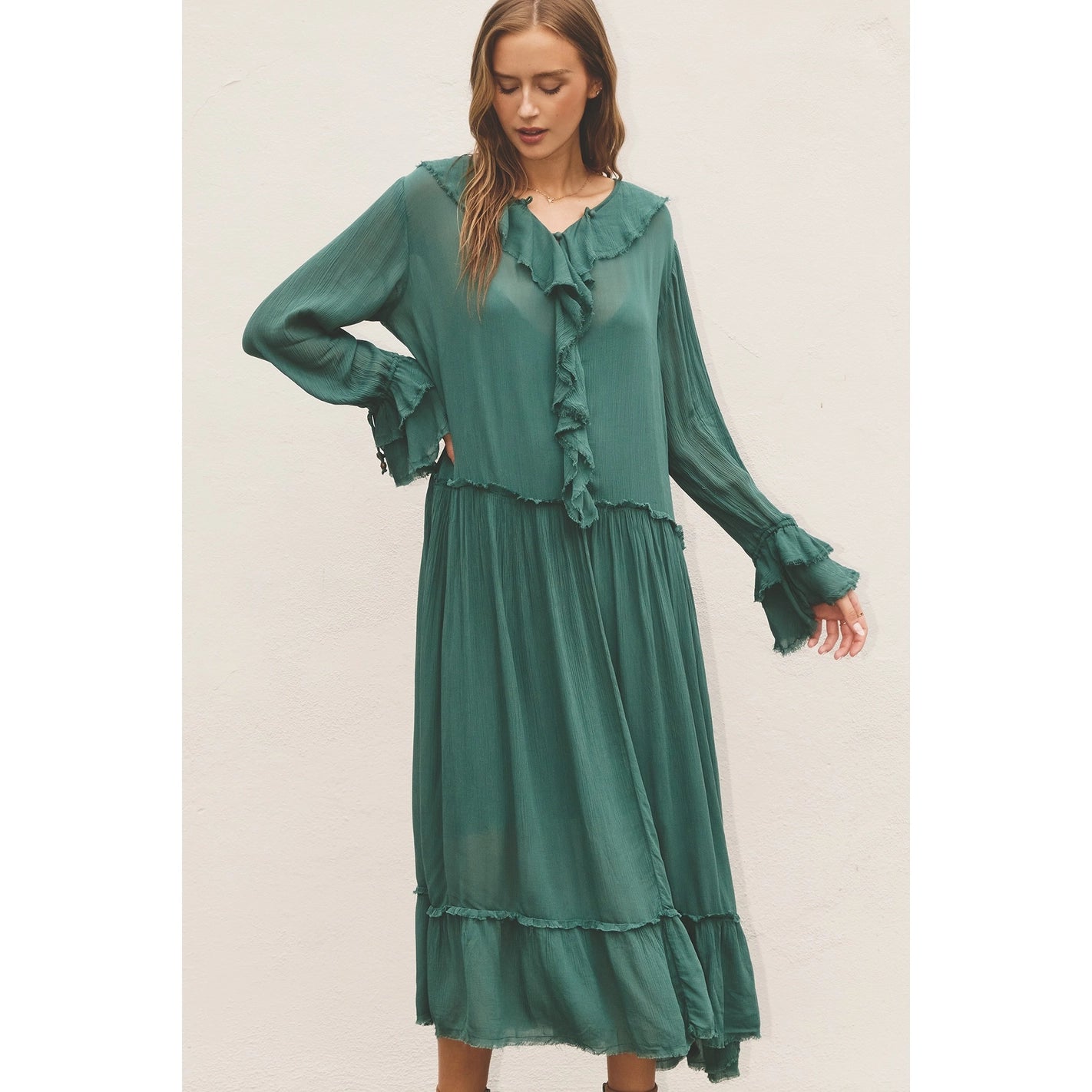 Robe longue verte décontractée à volants