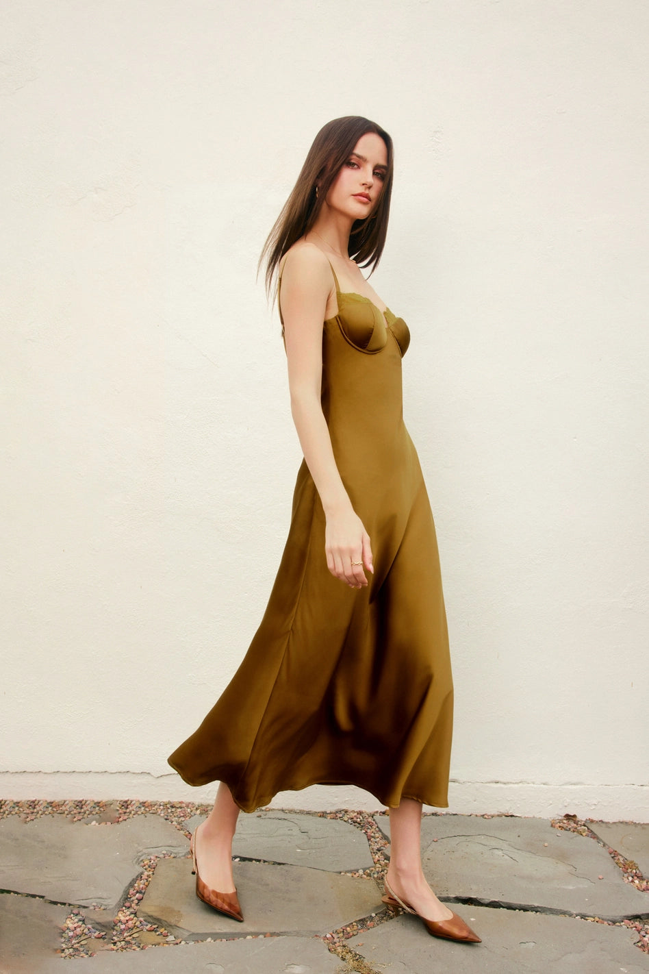 Alice Olive Satin Lace Trim Slip Midi Dress