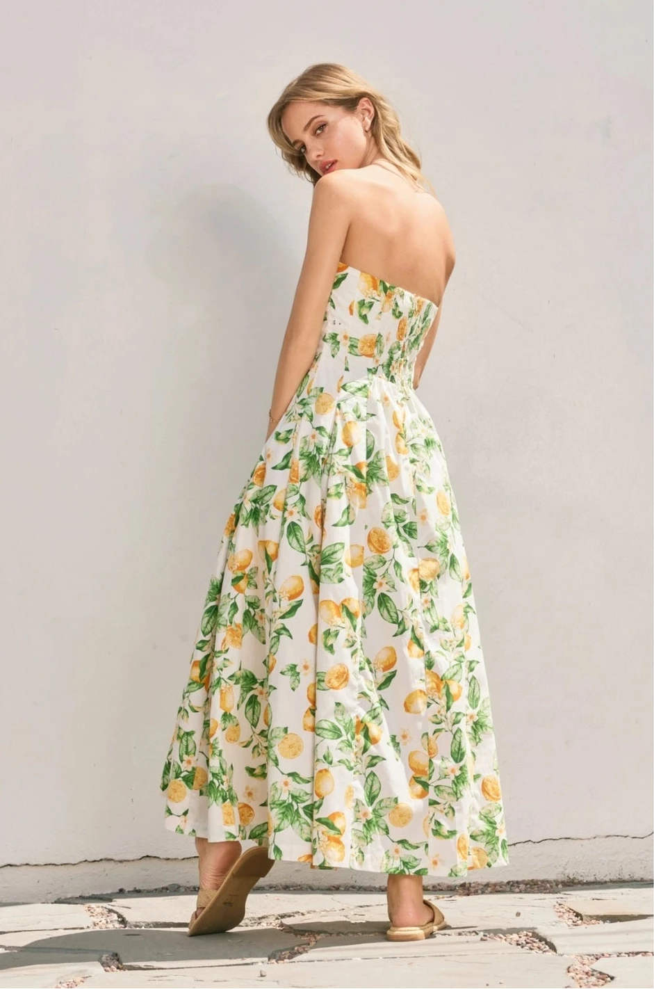 Lemon Ruffle Strapless Midi Dress
