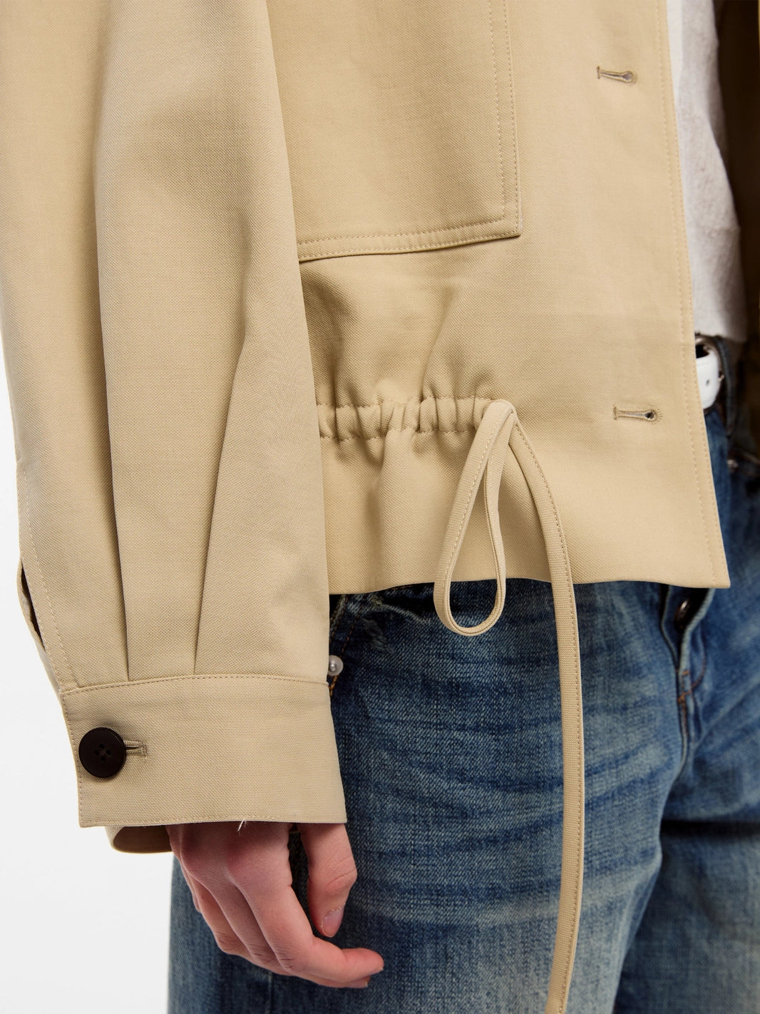 Khaki Short Trench Coat with Drawstring Hem