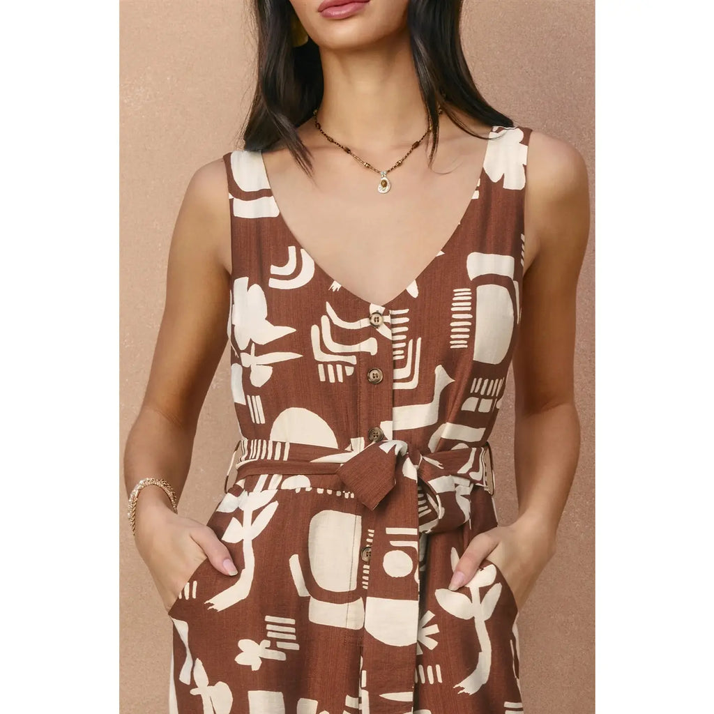 Printed Button-Down Sash Belt Jumpsuit