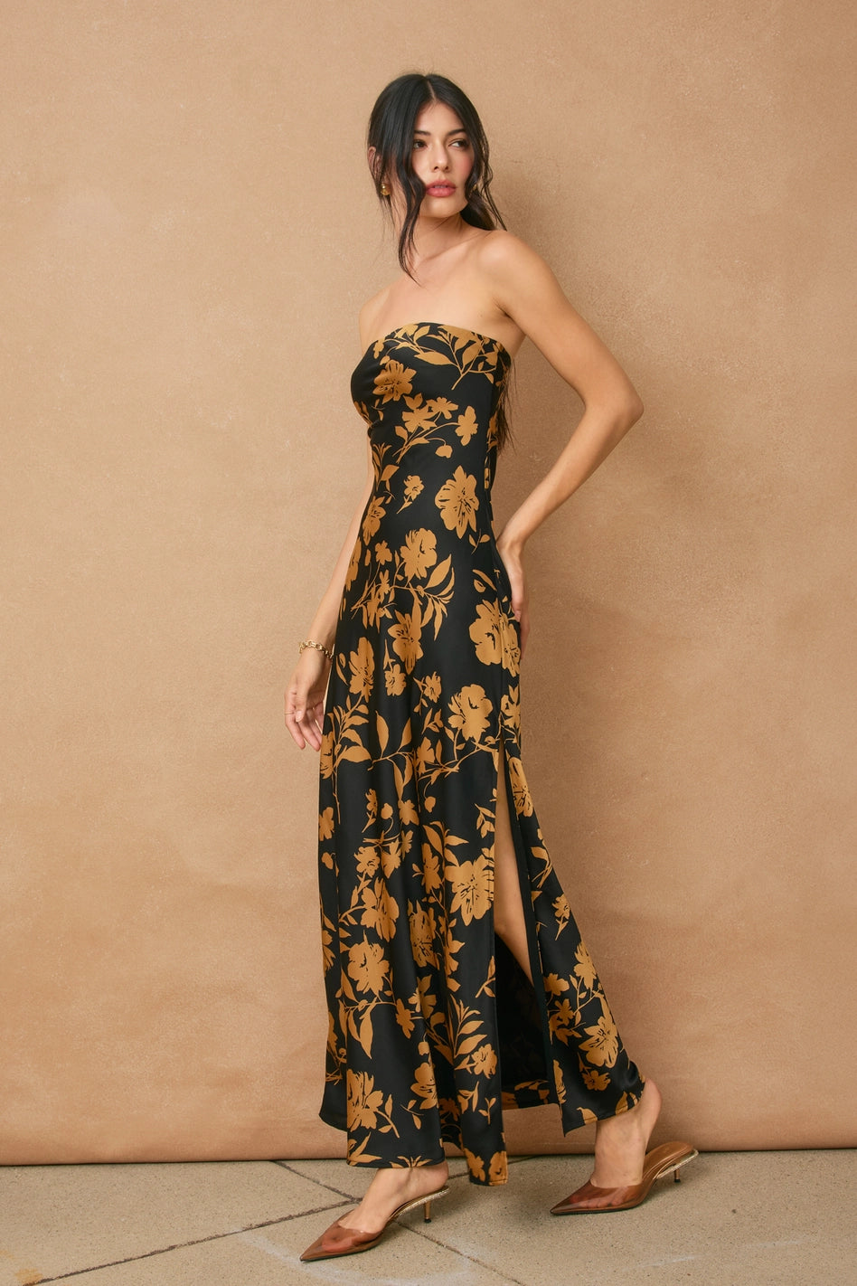 Floral Chiffon Strapless Maxi Dress