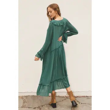 Robe longue verte décontractée à volants