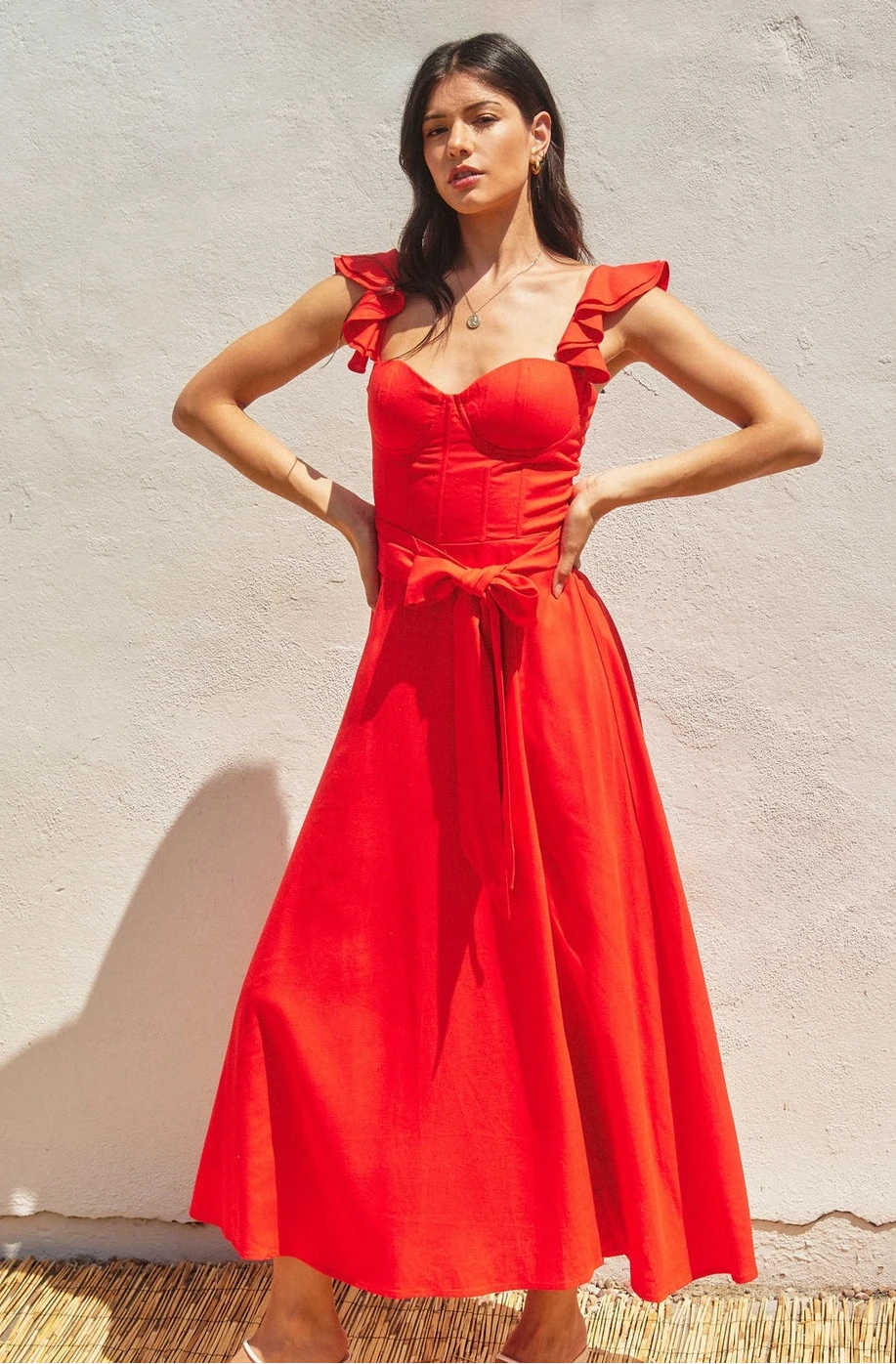 Red Corset Cotton Linen Maxi Dress