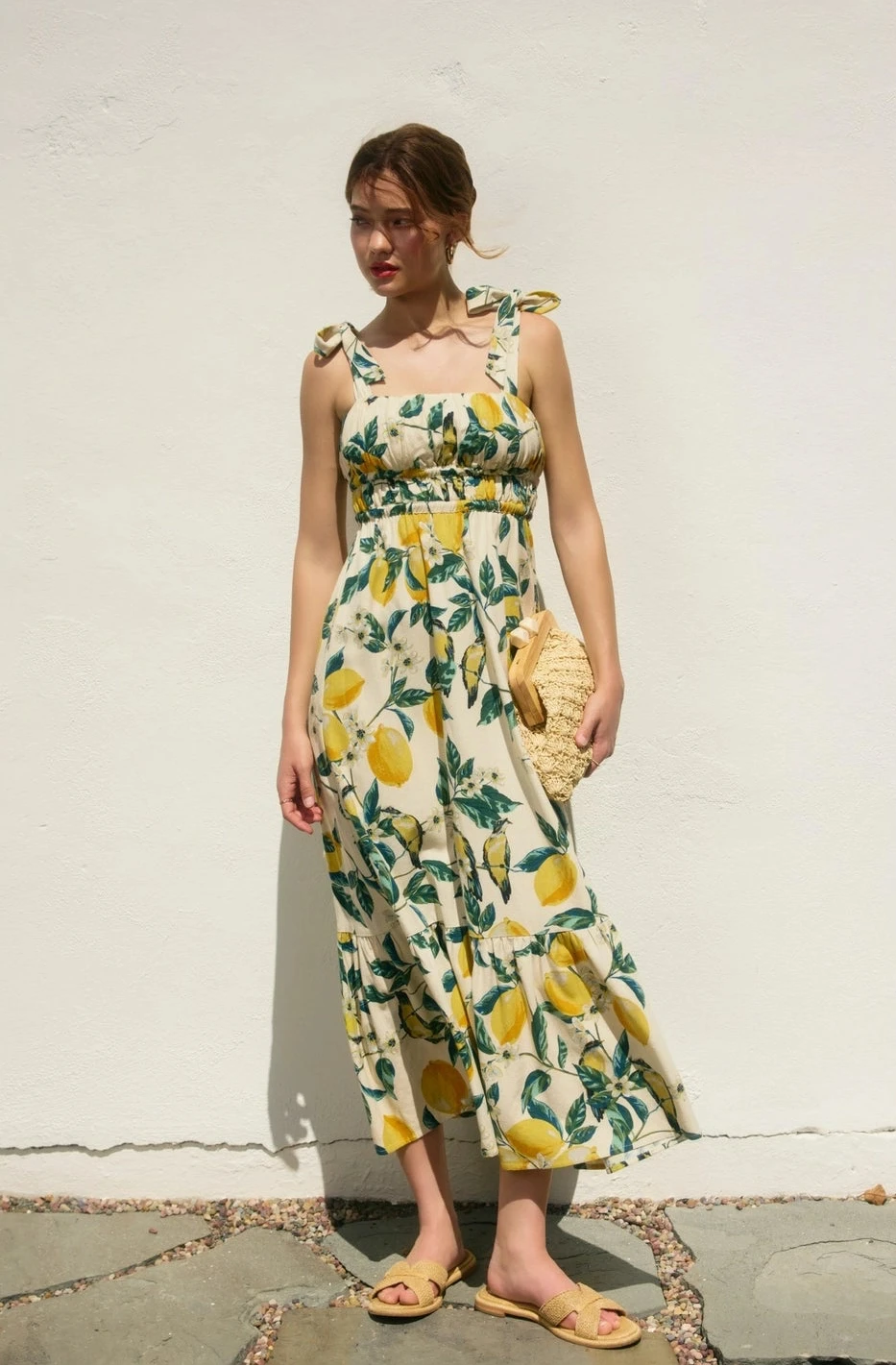 Robe maxi côtelée à imprimé citron et nœud