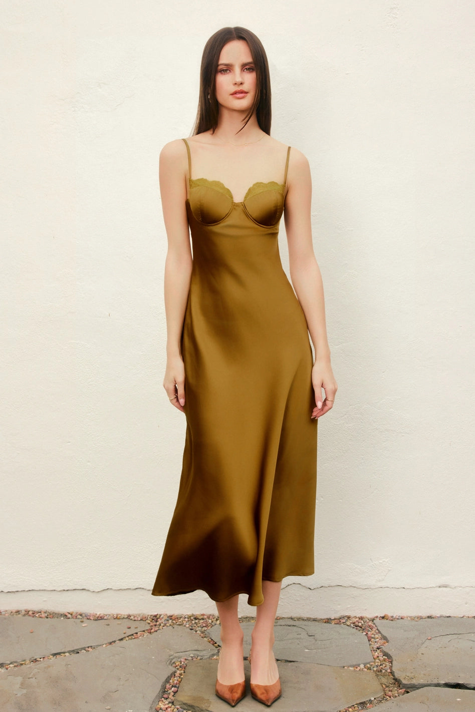 Alice Olive Satin Lace Trim Slip Midi Dress