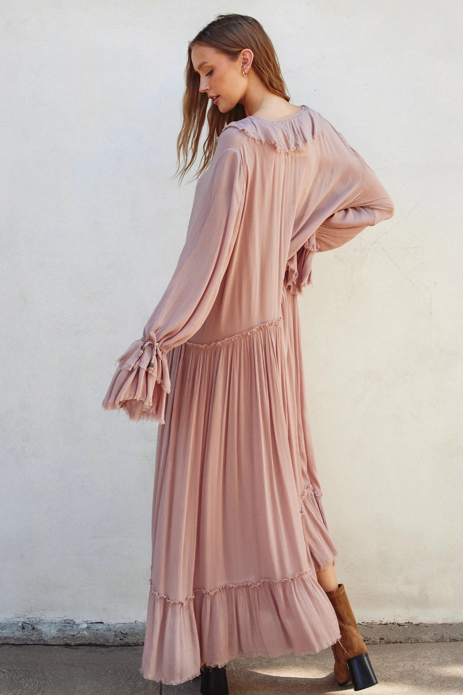 Robe longue rose décontractée à volants