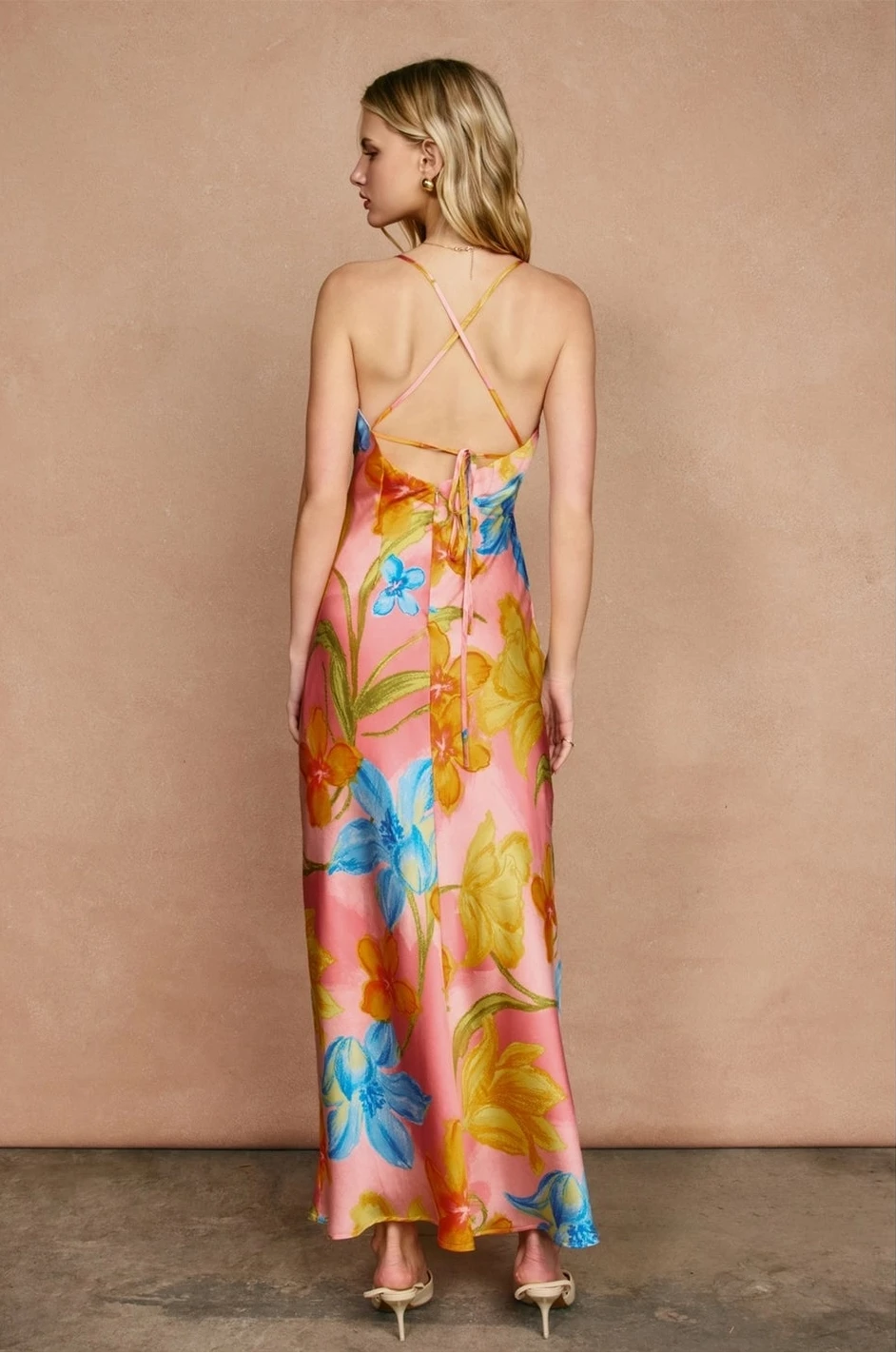 Open Back Floral Satin Maxi Dress
