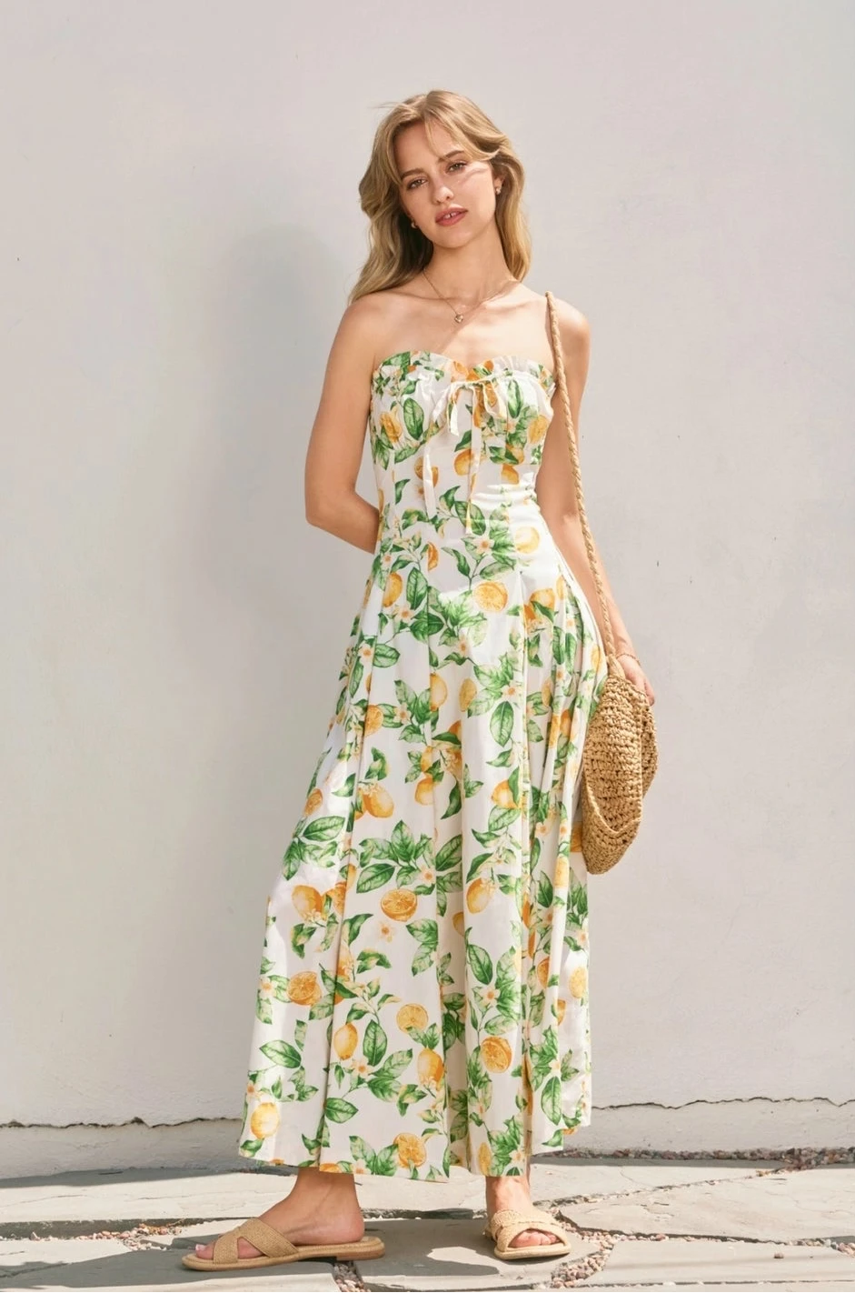 Lemon Ruffle Strapless Midi Dress