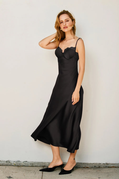 Alice Black Satin Lace Trim Slip Midi Dress