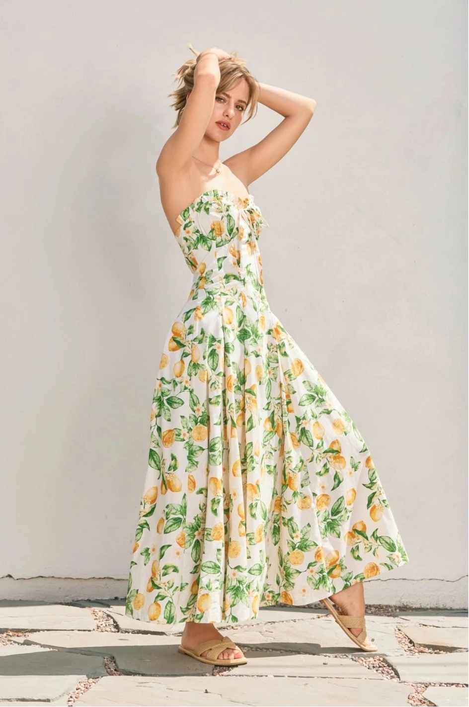 Lemon Ruffle Strapless Midi Dress