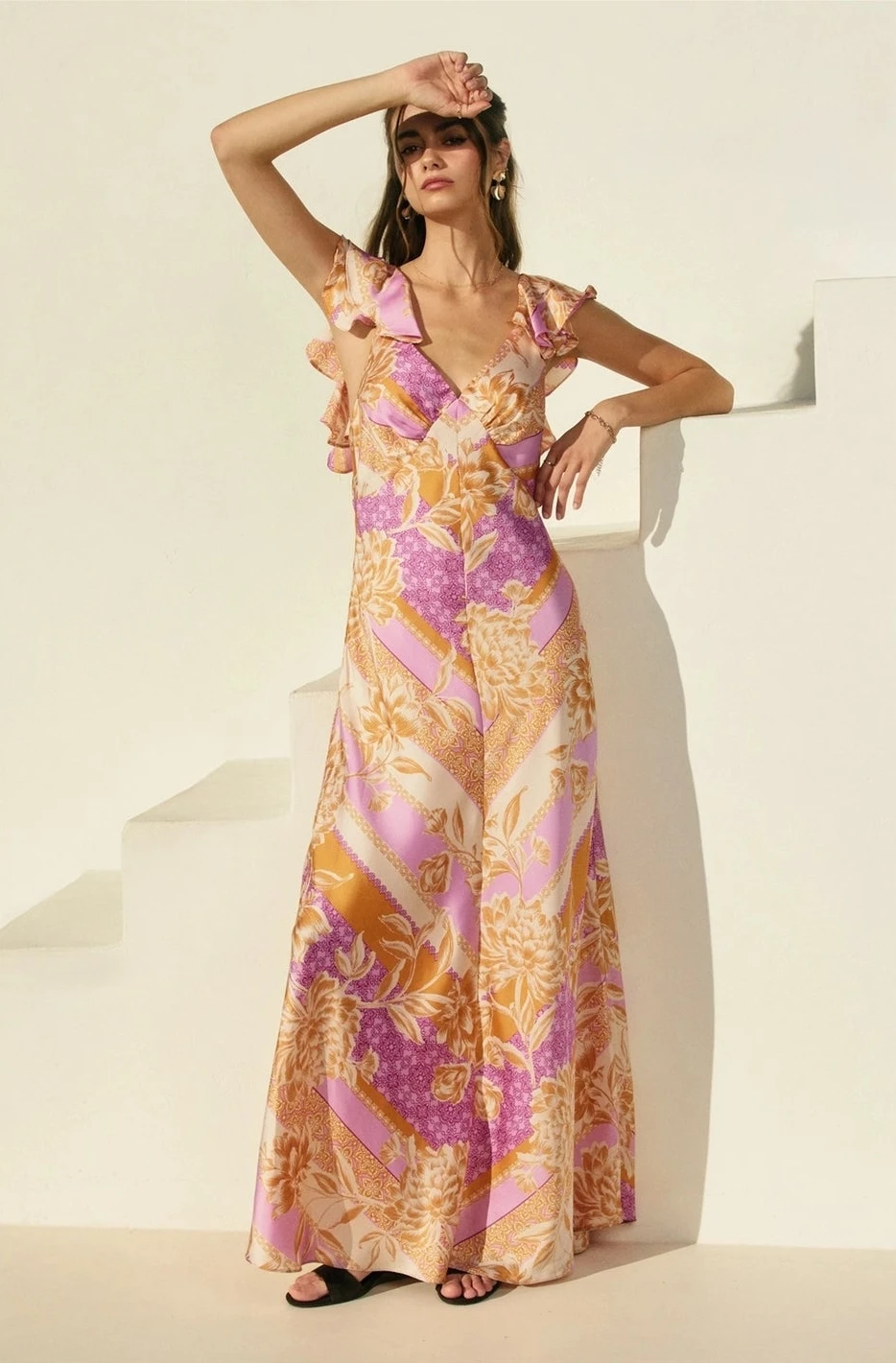 Paisley Open-Back Satin Maxi Dress