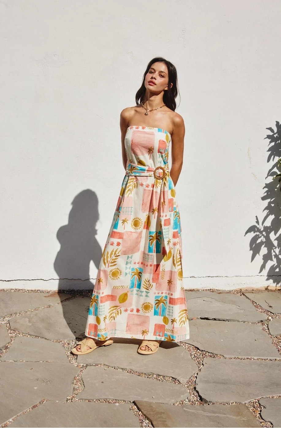 Moroccan Strapless Cotton Poplin Maxi Dress with Rattan Belt