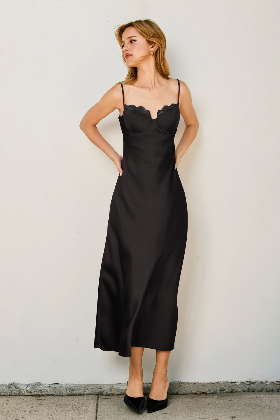 Alice Black Satin Lace Trim Slip Midi Dress