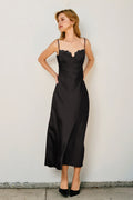 Alice Black Satin Lace Trim Slip Midi Dress
