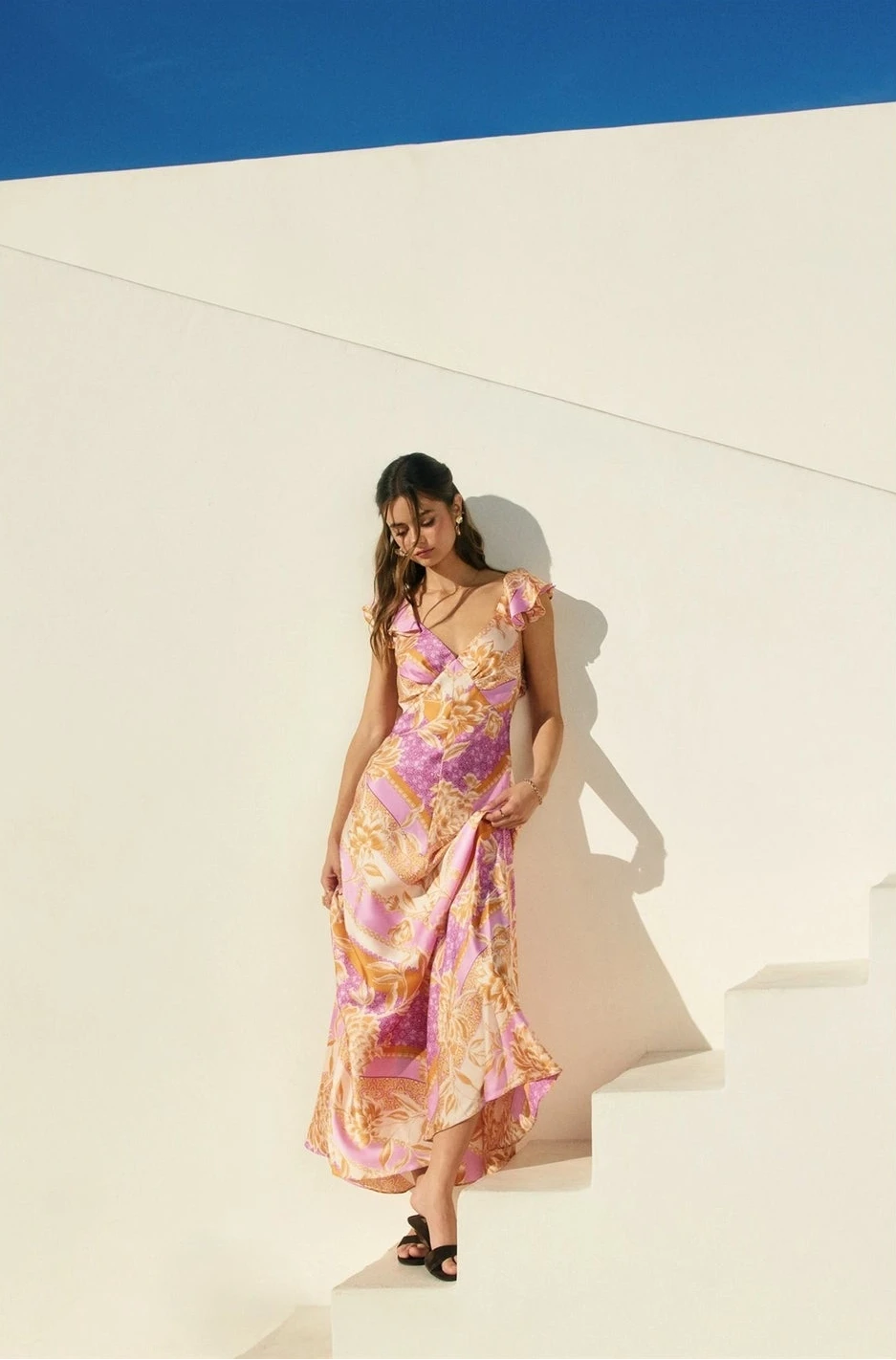 Paisley Open-Back Satin Maxi Dress